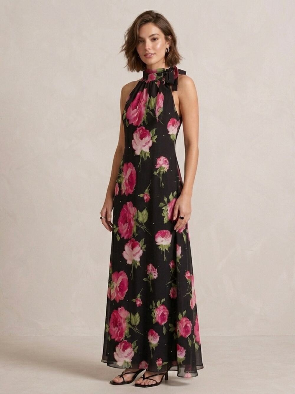 Vintage Betsy & Adam Floral Halter Maxi Dress Pink Black Size 8